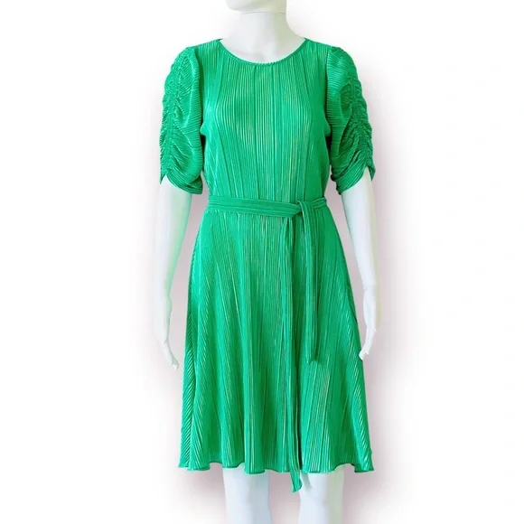 DKNY Satin Pleated Dress Ruched Sleeve Crew Neck Tie-Waist A-Line Pullover Style - Picture 11 of 16